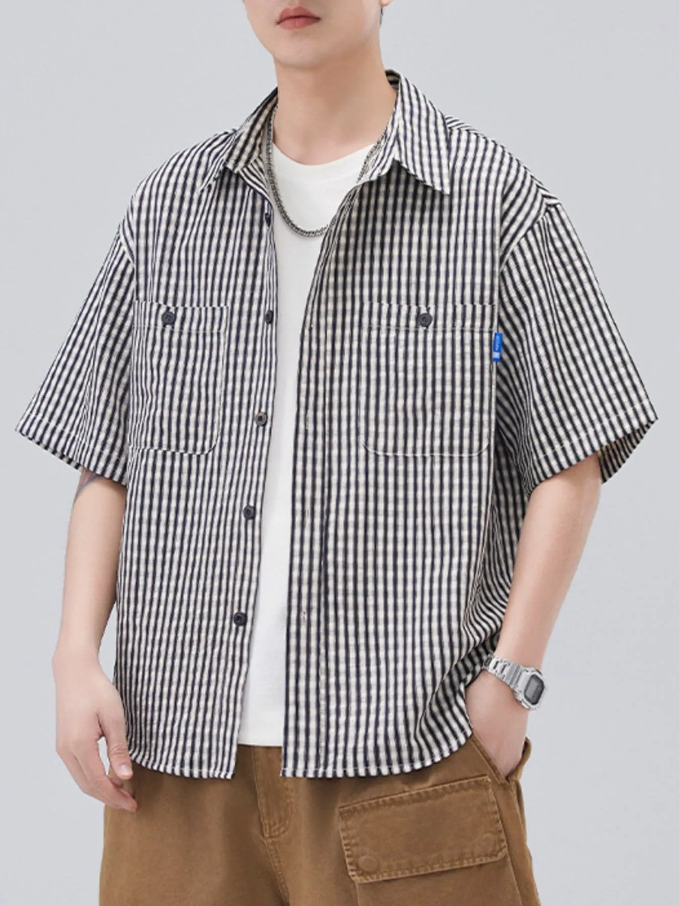 Plus Size Striped Short Sleeve Shirt in Black for Men