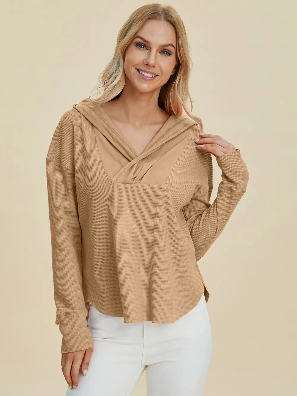 Plus Size High-Low Dropped Shoulder Long Sleeve Hoodie in Camel for Women