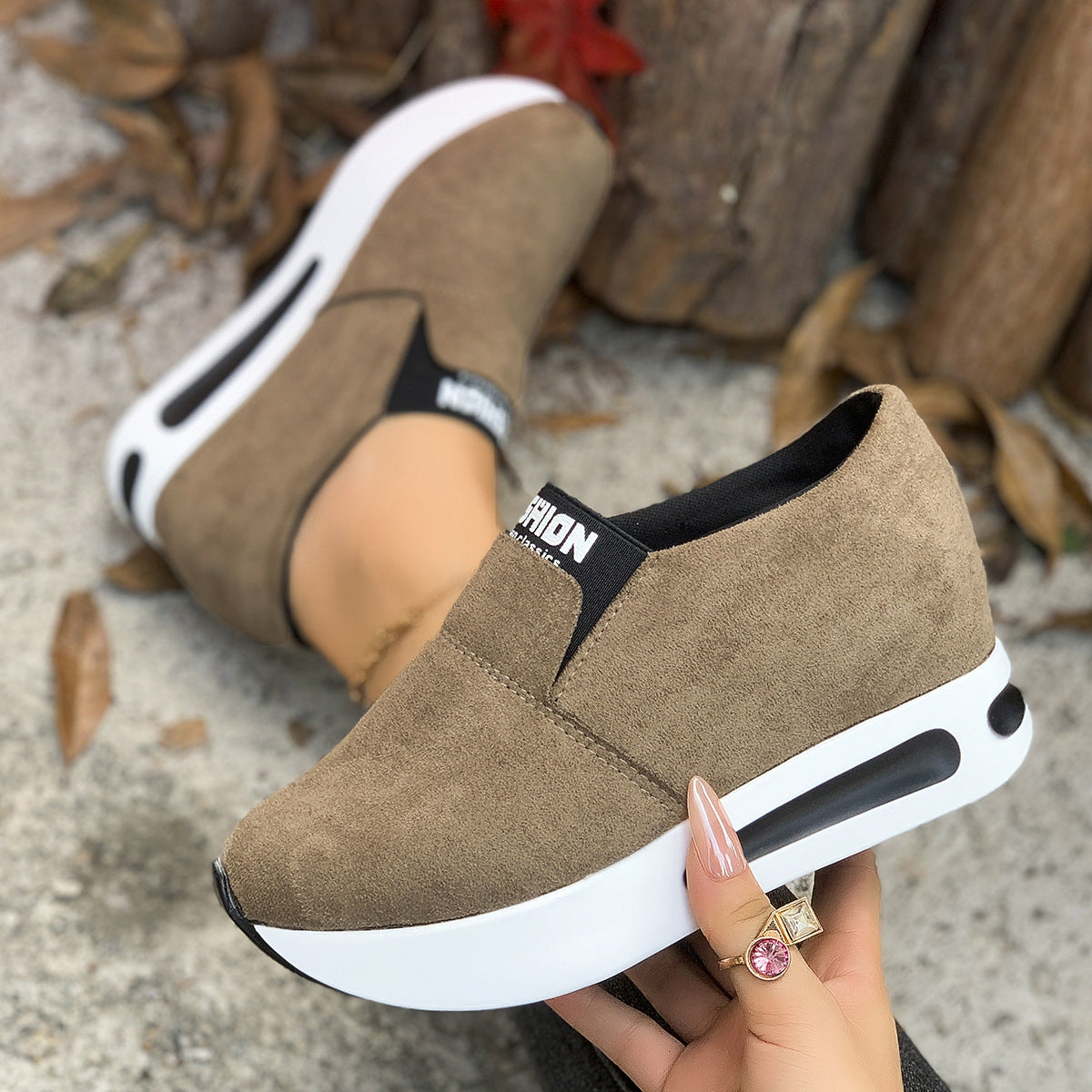 Round Toe Platform Slip-Ons in Green for Women