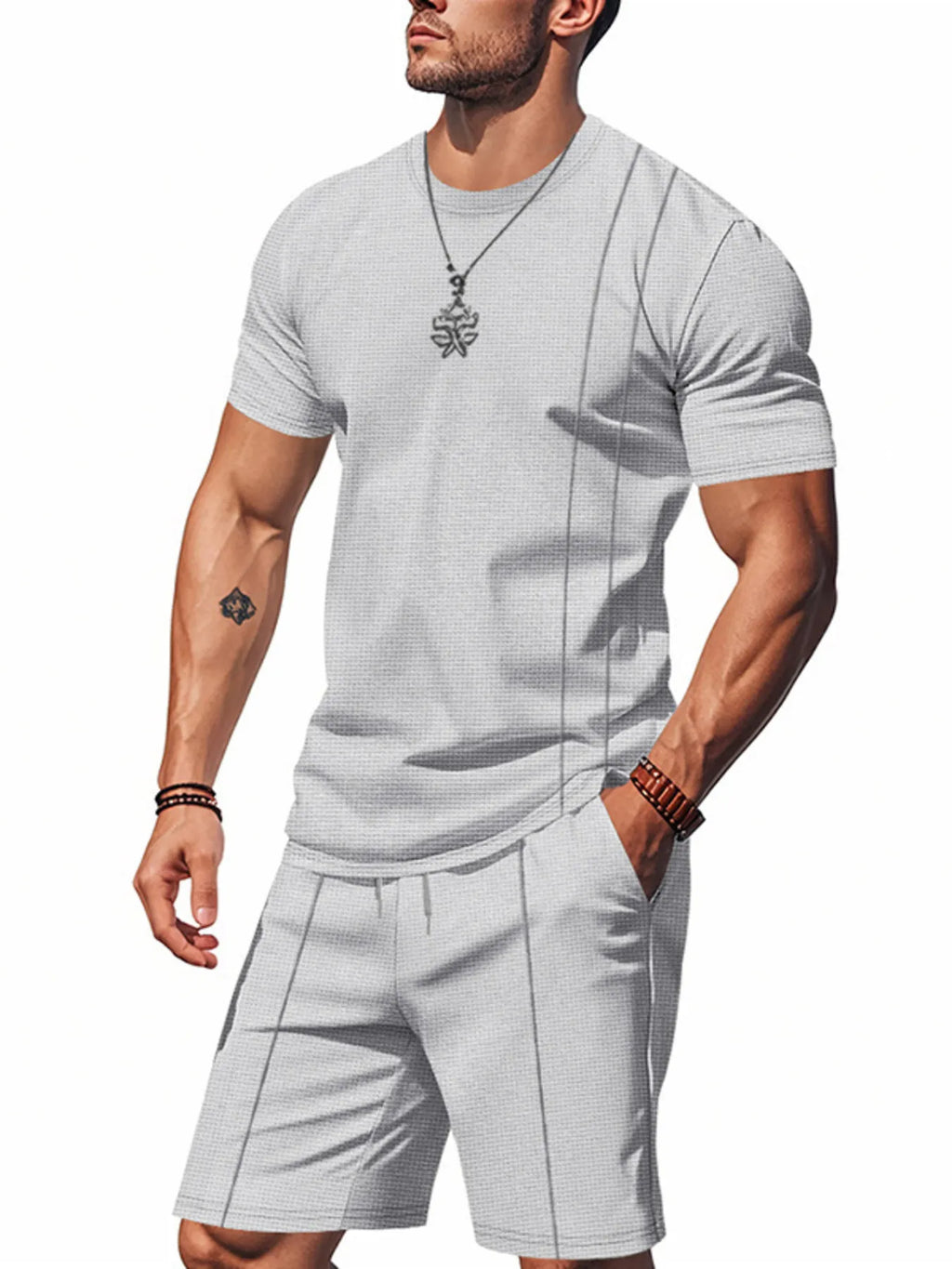 Round Neck Short Sleeve Top and Shorts Set Plus Size in Black for Men