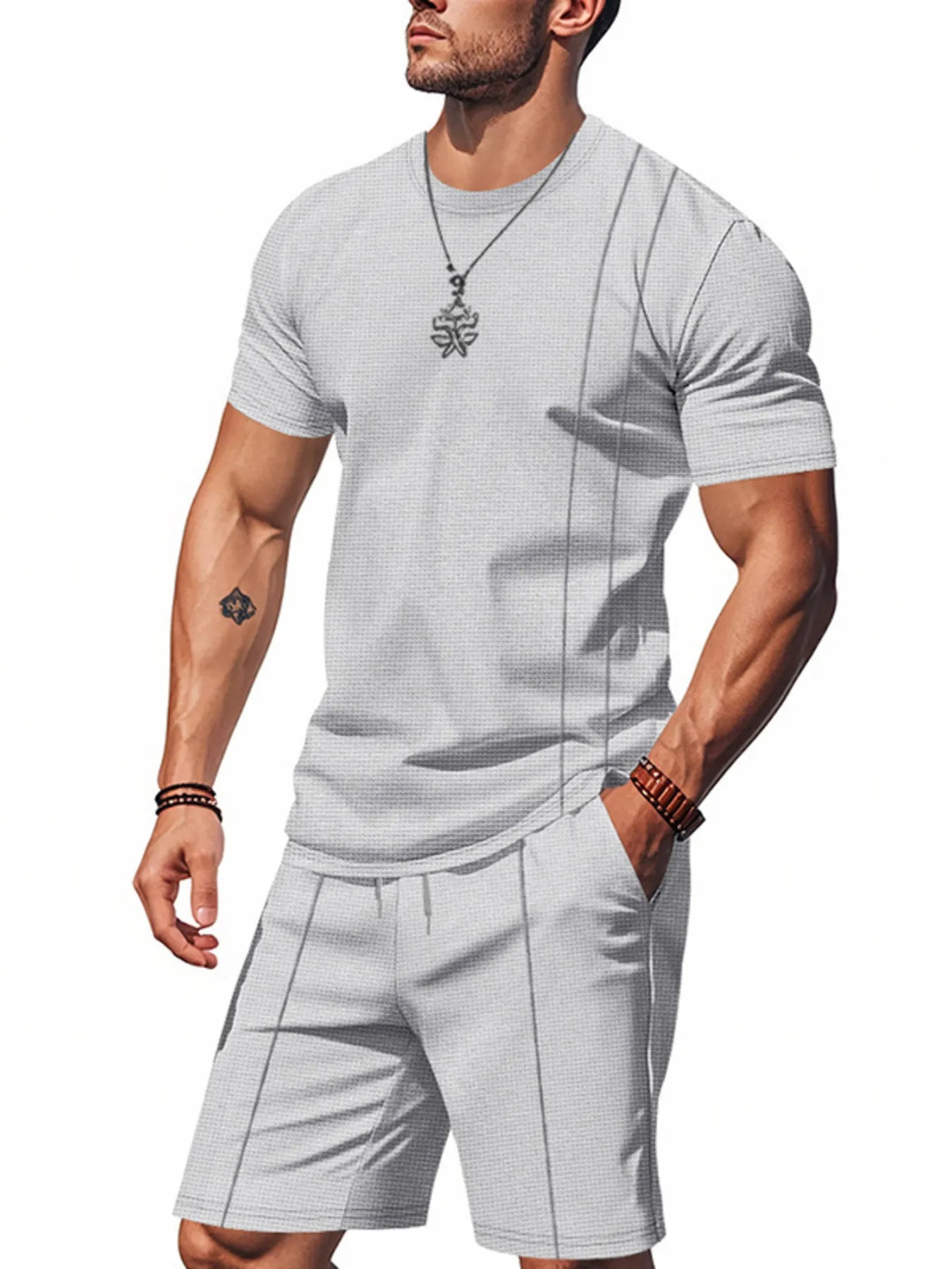 Round Neck Short Sleeve Top and Shorts Set Plus Size in Black for Men