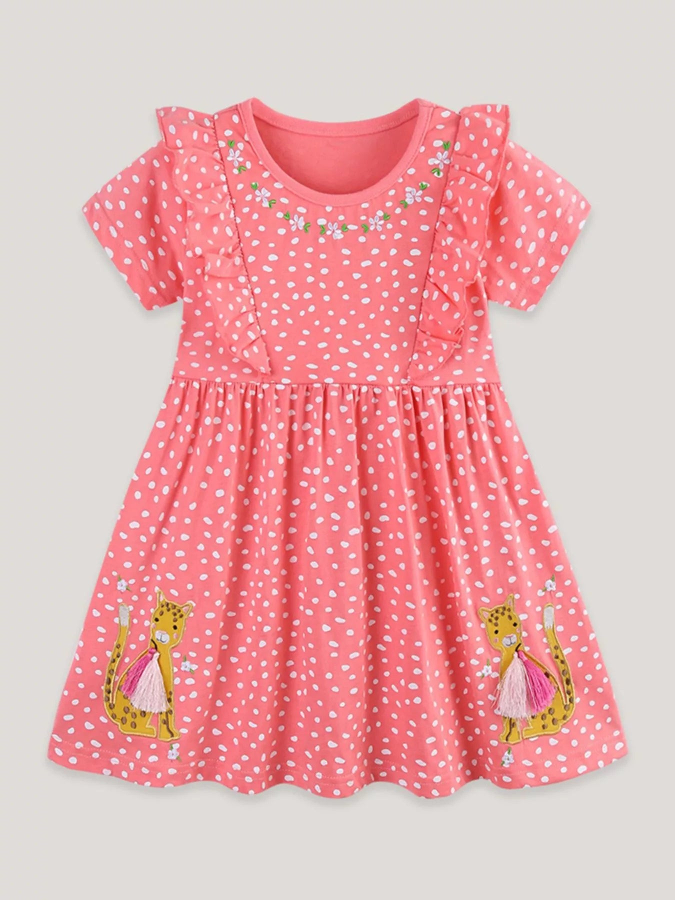 Ruffled Sleeve Polka Dot Embroidered Dress in Multicolor Multicolor for Girls