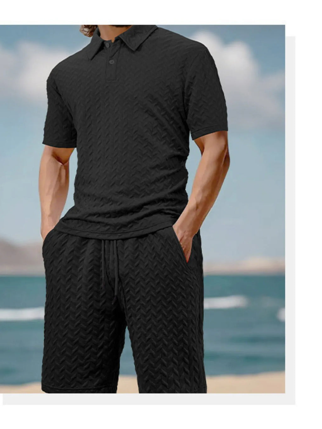 Textured Polo Shirt and Shorts Set Plus Size in White for Men