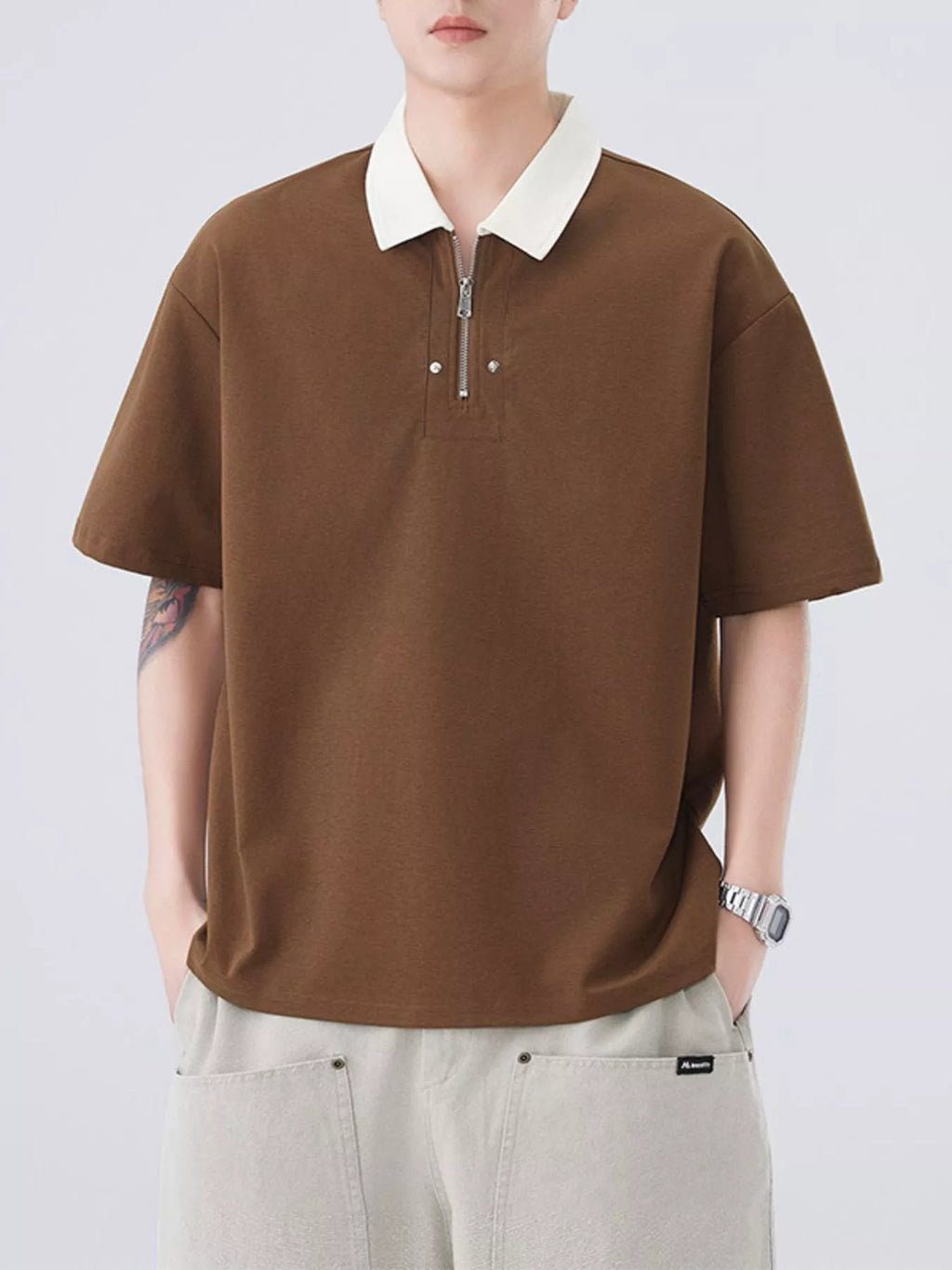 Plus Size Quarter Zip Short Sleeve Polo in Apricot in Black for Men