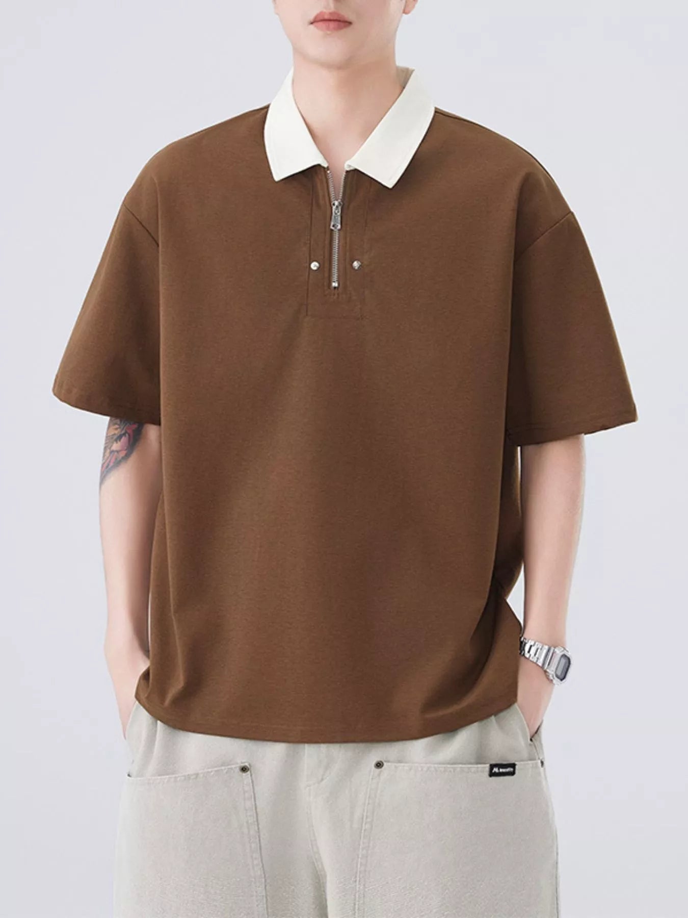 Plus Size Quarter Zip Short Sleeve Polo in Apricot in Black for Men