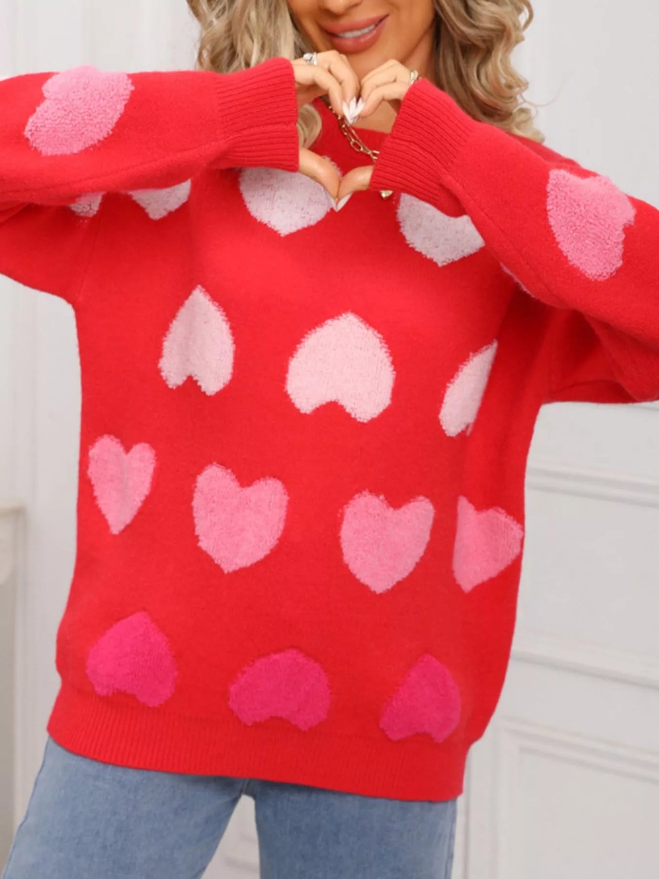 Valentines Day Heart Pattern Fuzzy Knit Sweater for Women