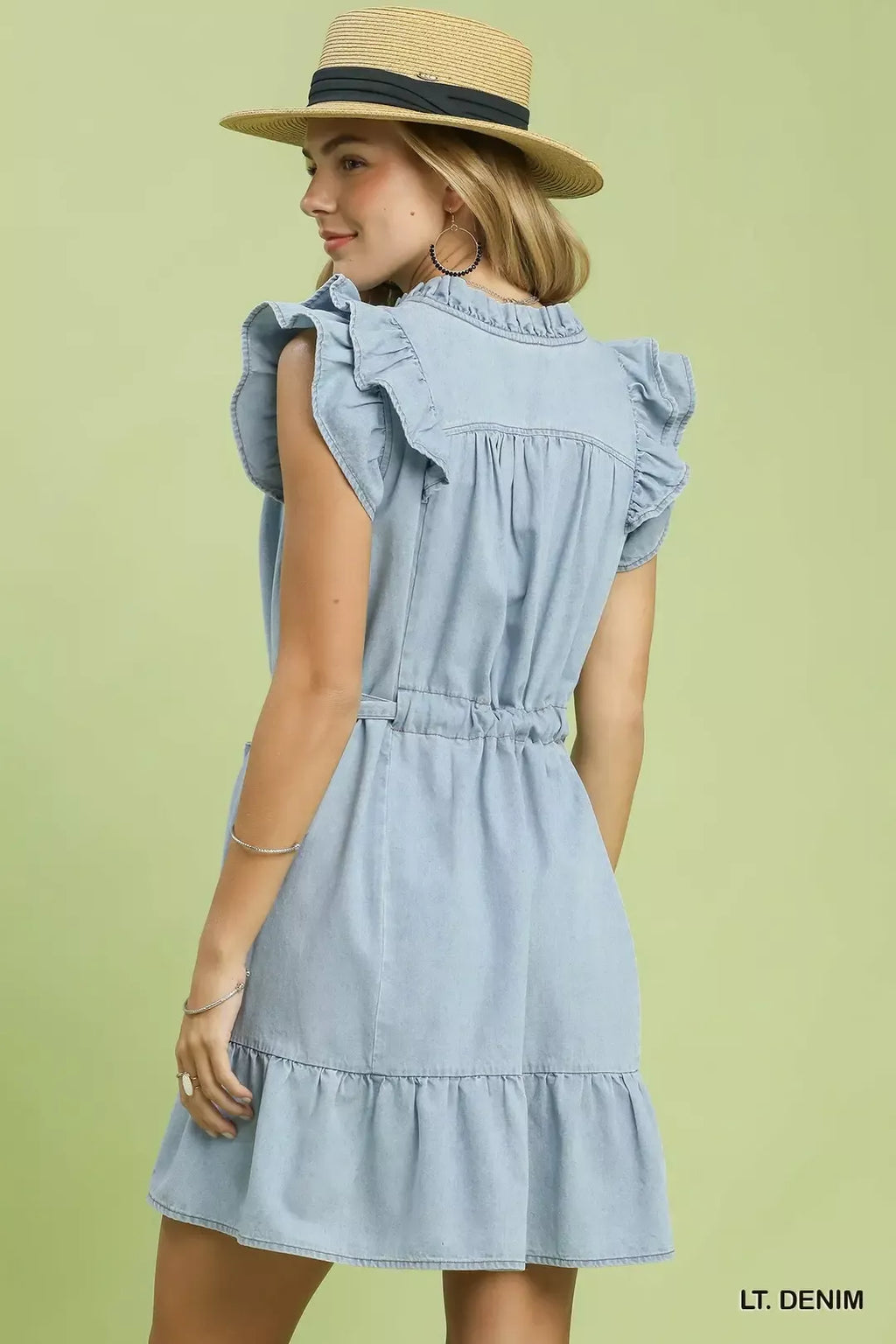 Chambray Ruffled Denim Dress with Side Pockets in Light Denim for Women
