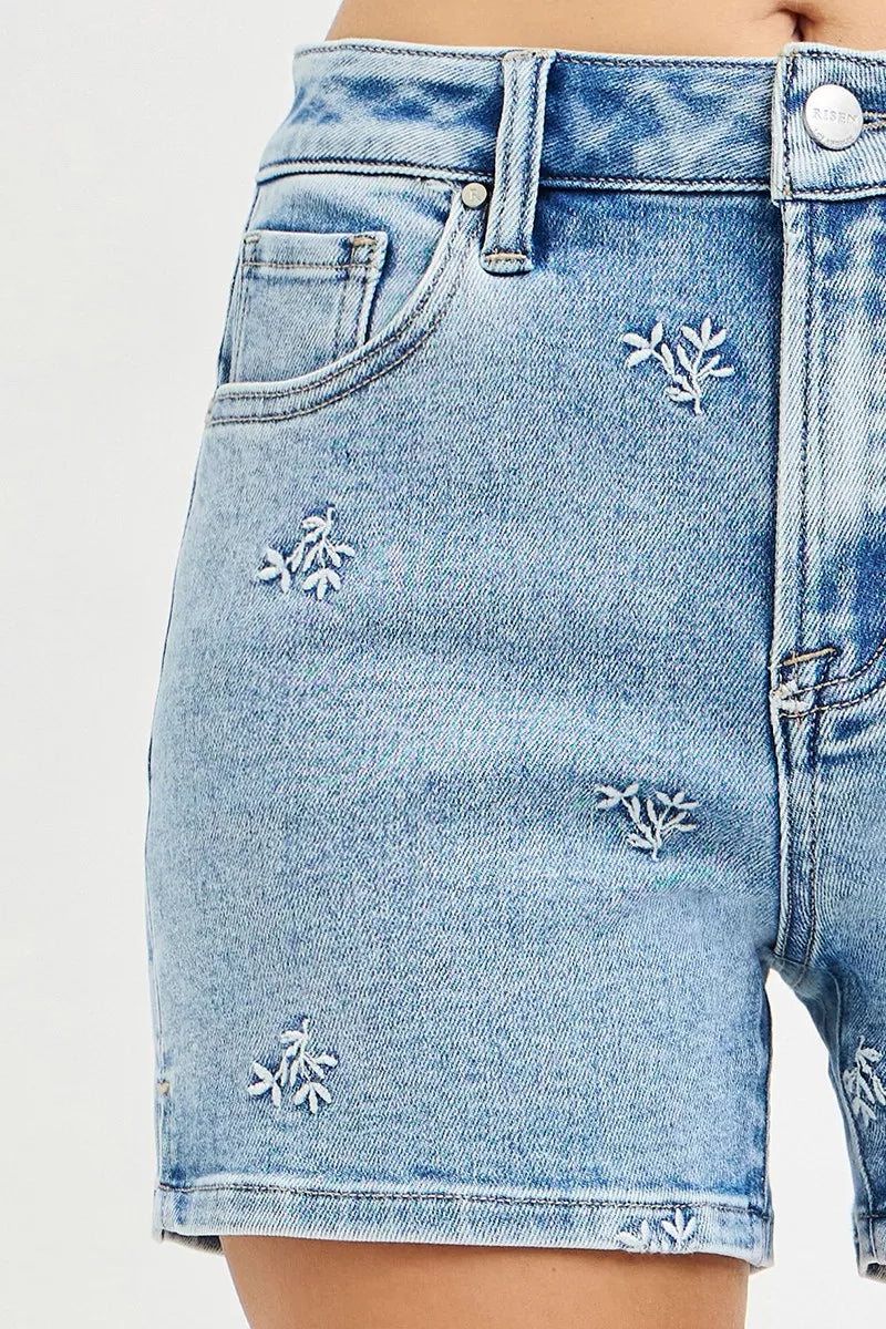 High Rise Denim Shorts with Embroidered Detail for Women