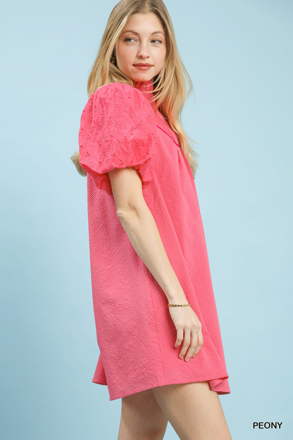 Puff Sleeve Textured Babydoll Dress in Peony for Women