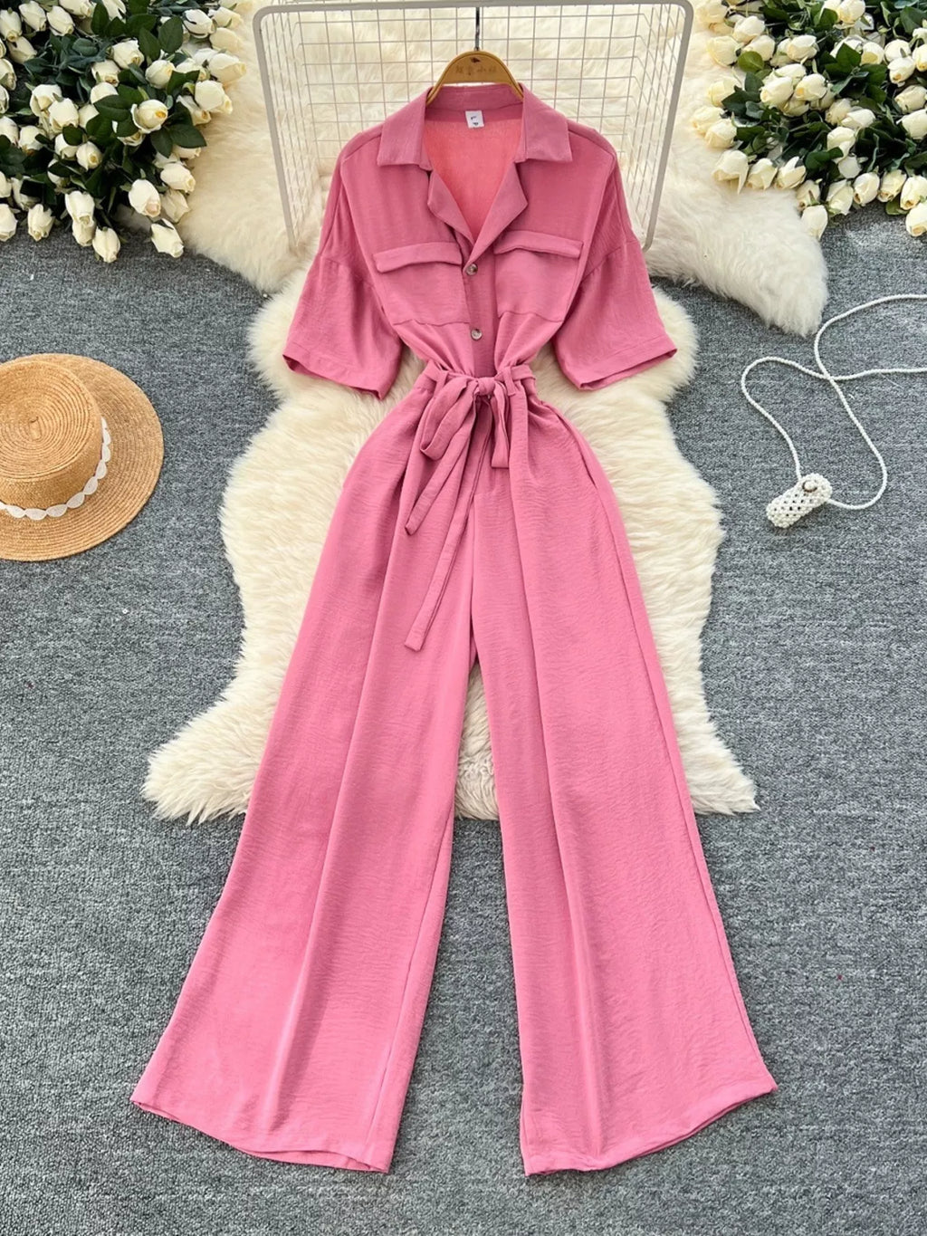 Pink Tie Waist Wide Leg Jumpsuit for Women
