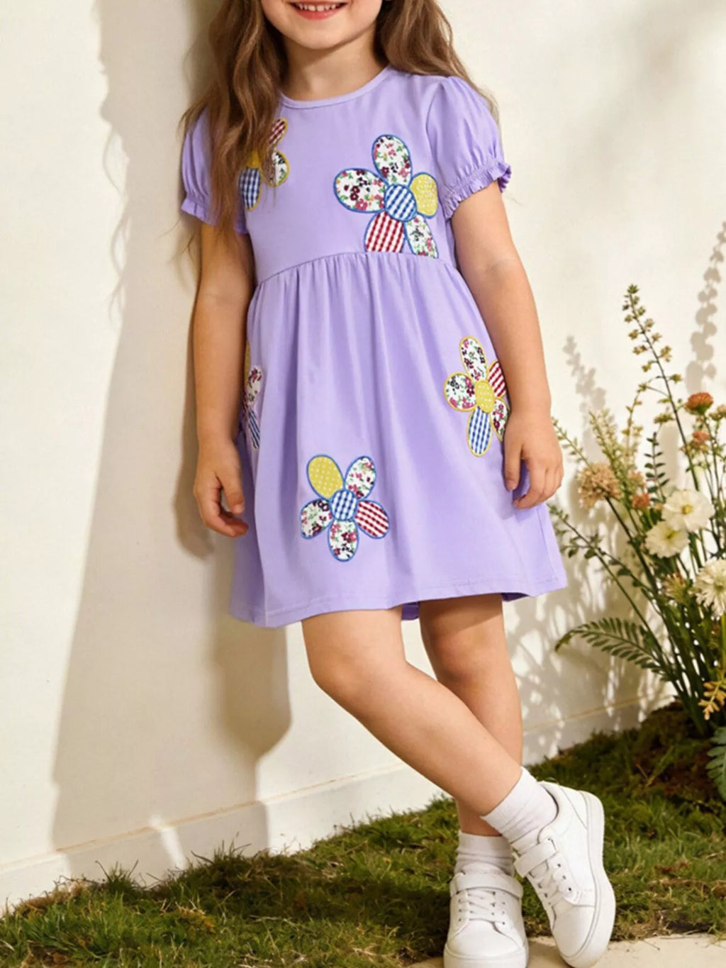 Floral Puff Sleeve Casual Dress in Lavender for Girls