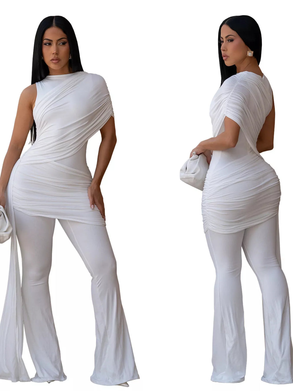 Ruched One-Shoulder Flare Leg Jumpsuit for Women