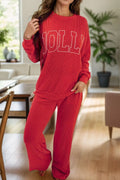 Jolly Round Neck Long Sleeve Top and Pants Lounge Set in Deep Red for Women