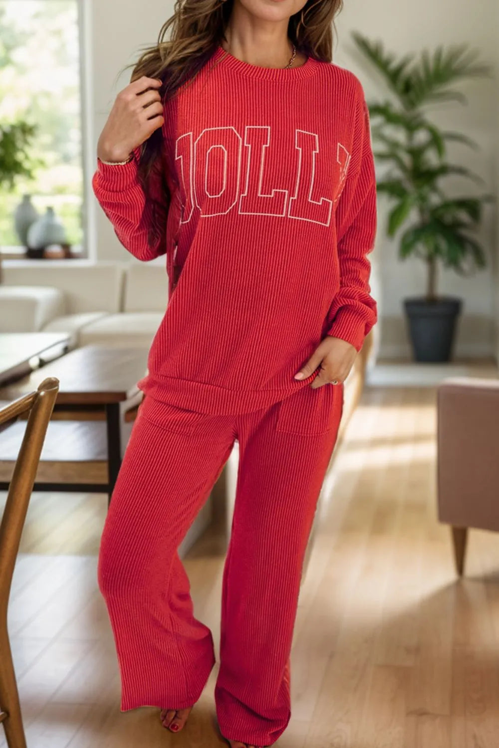 Jolly Round Neck Long Sleeve Top and Pants Lounge Set in Deep Red for Women