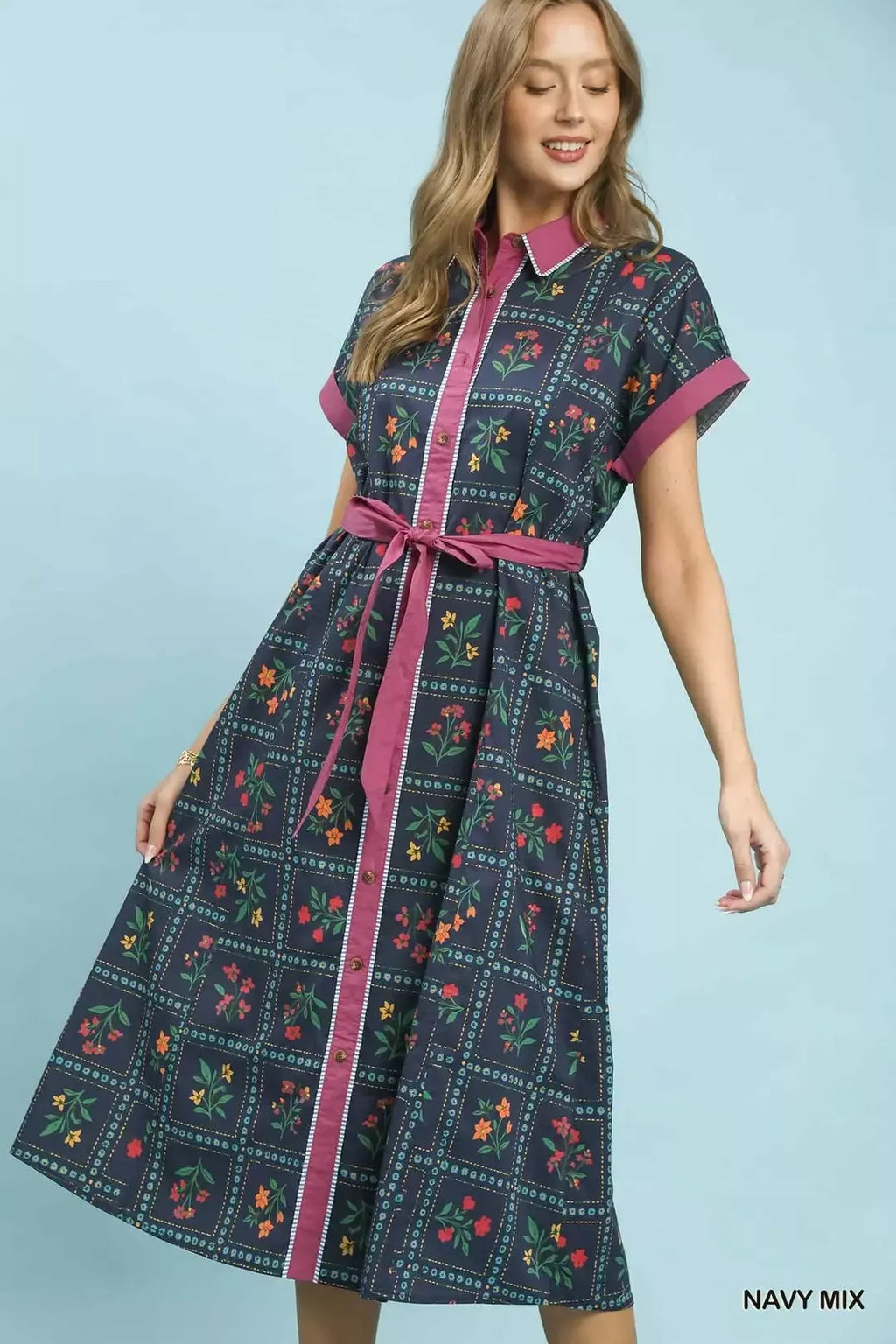Mix Floral Button-Front Midi Dress in Navy Mix for Women
