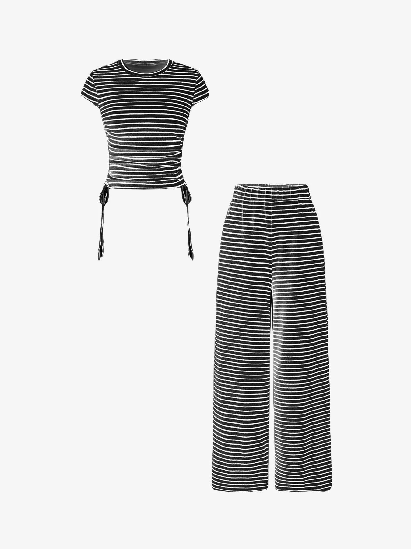 Striped Crop Top and Wide Leg Pants Set in Black for Women