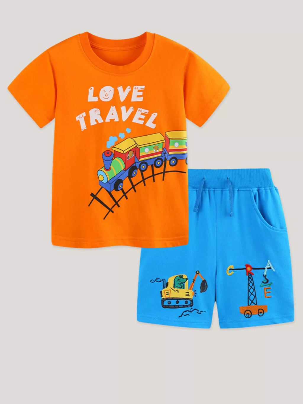 Love Travel Train Print Casual Set in Orange for Boys