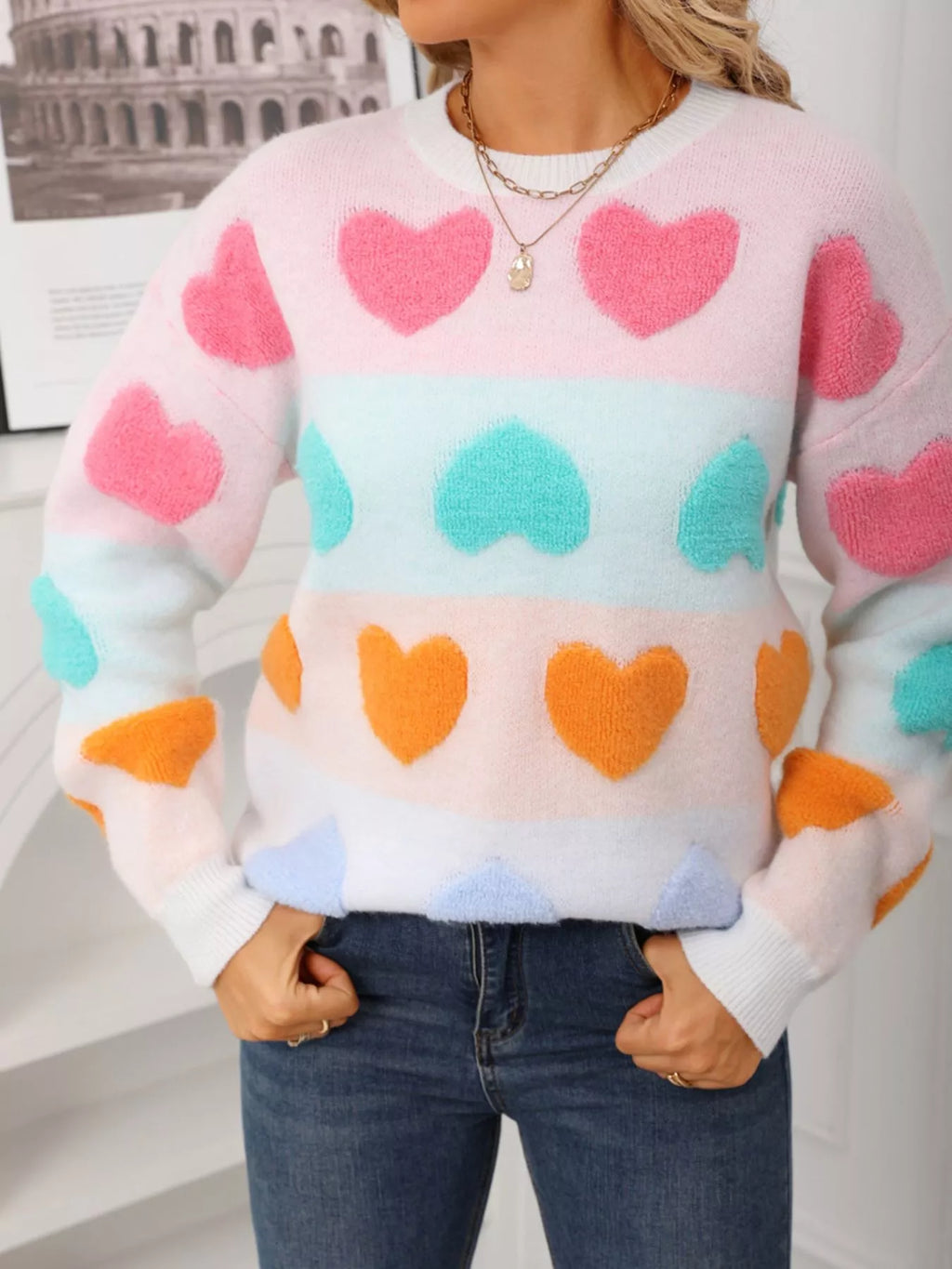 Valentines Day Heart Pattern Fuzzy Knit Sweater in White for Women