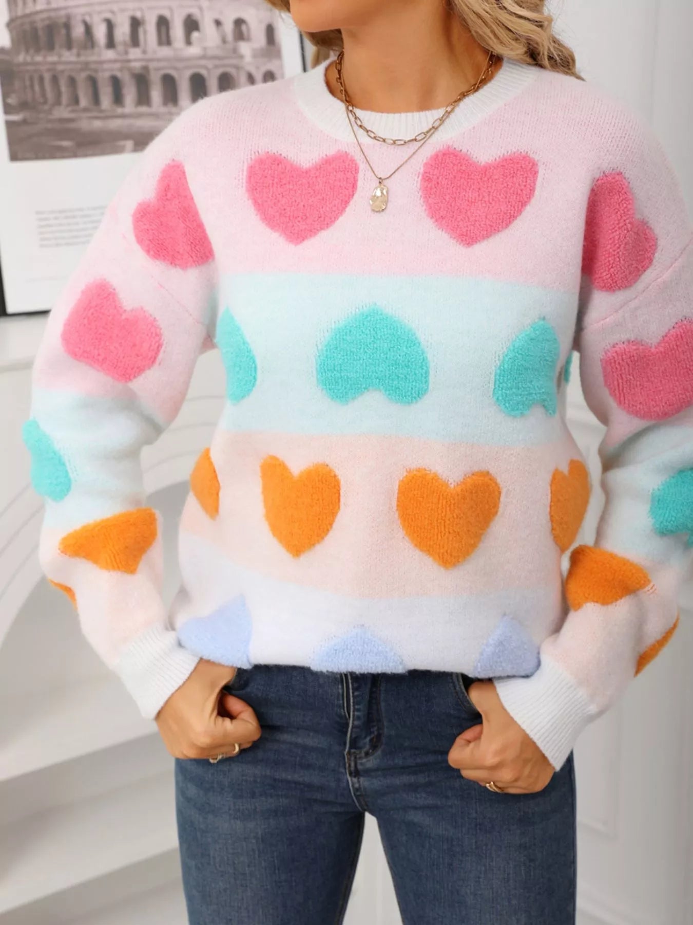 Valentines Day Heart Pattern Fuzzy Knit Sweater in White for Women