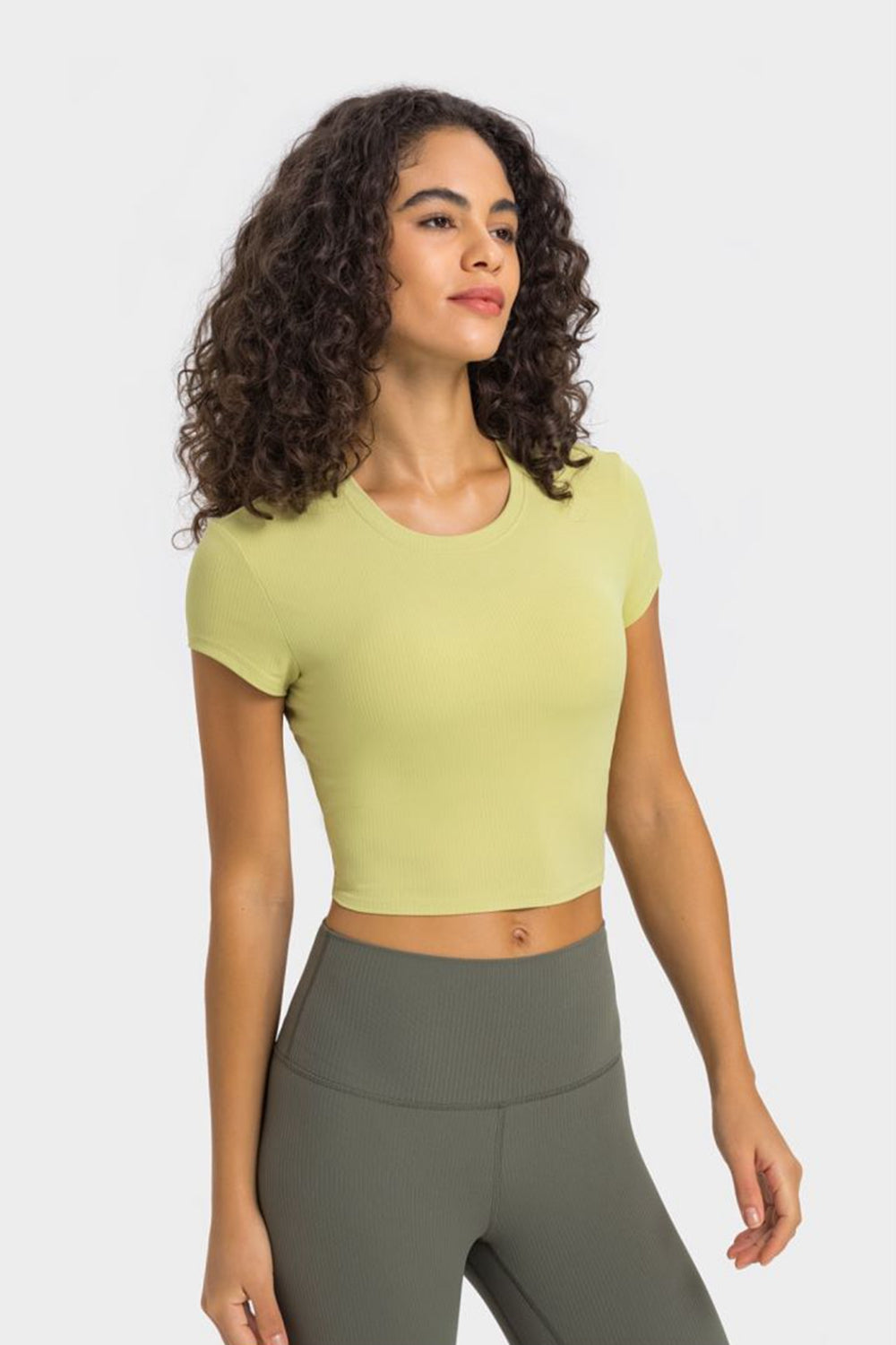 Round Neck Short Sleeve Cropped Sports T-Shirt in Lemon for Women