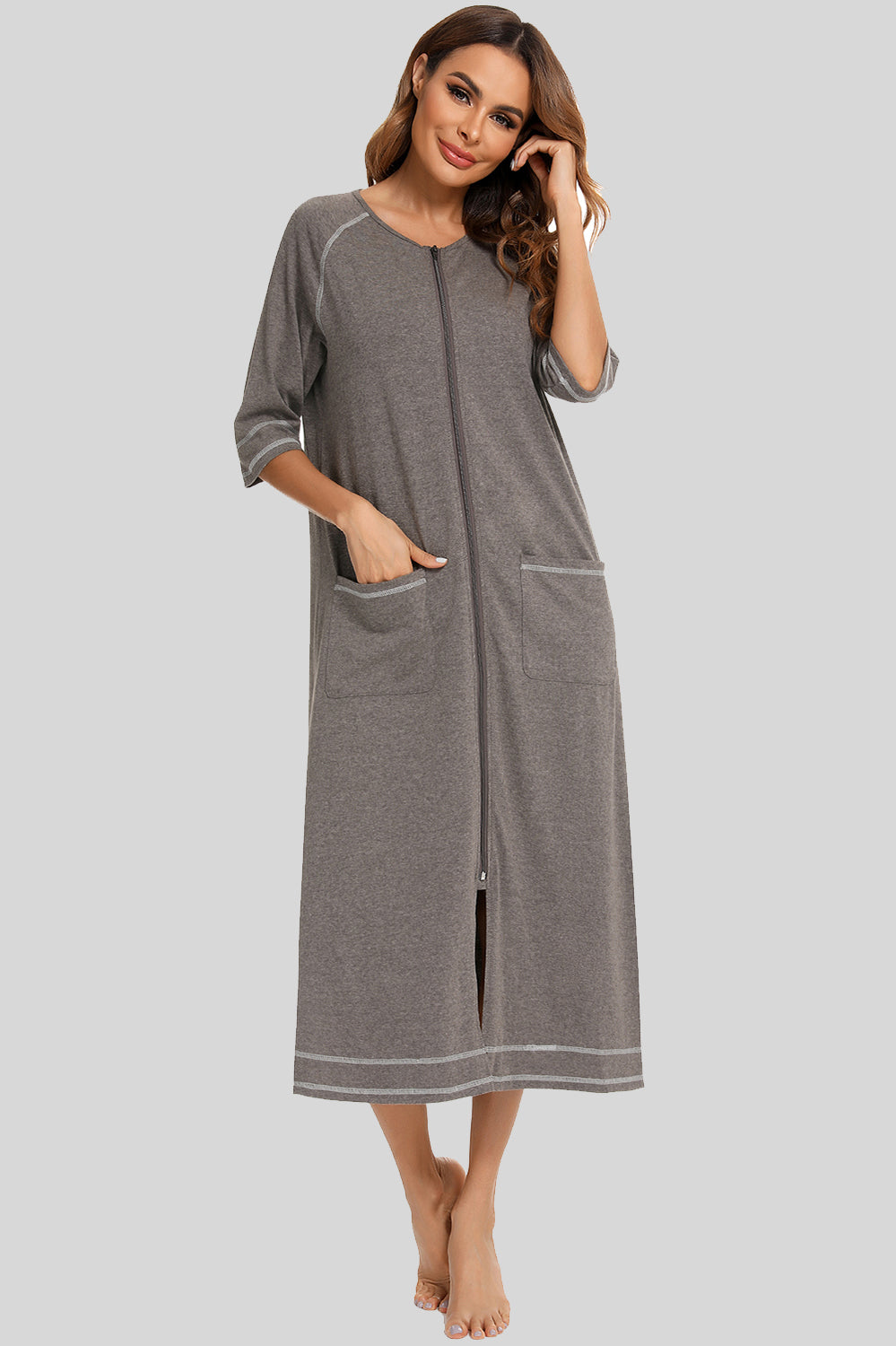 Zip Up Slit Round Neck Night Dress with Pockets in Violet for Women