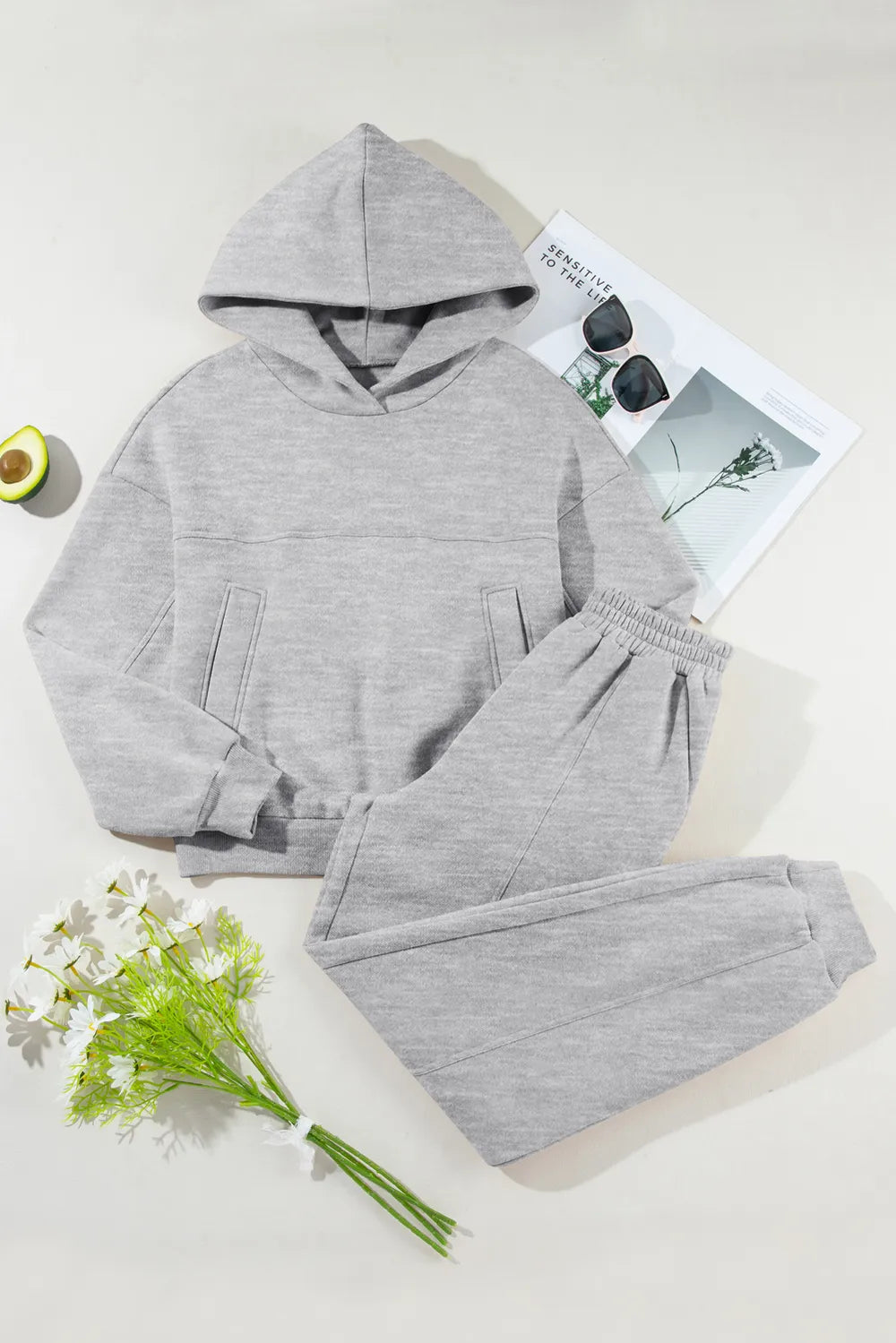 Dropped Shoulder Long Sleeve Hoodie and Pants Active Set for Women