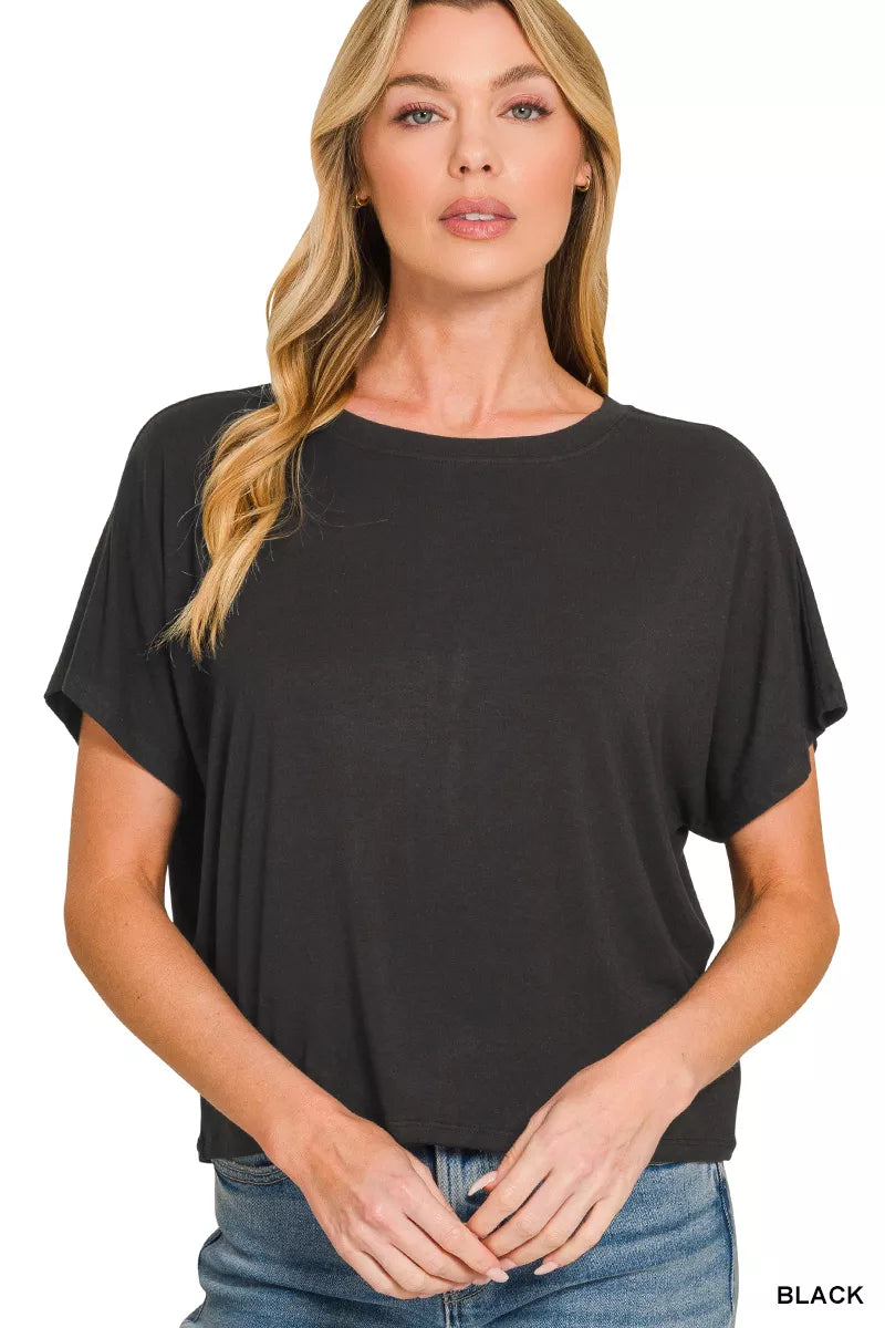 Round Neck Short Sleeve Cropped T-Shirt in Black for Women