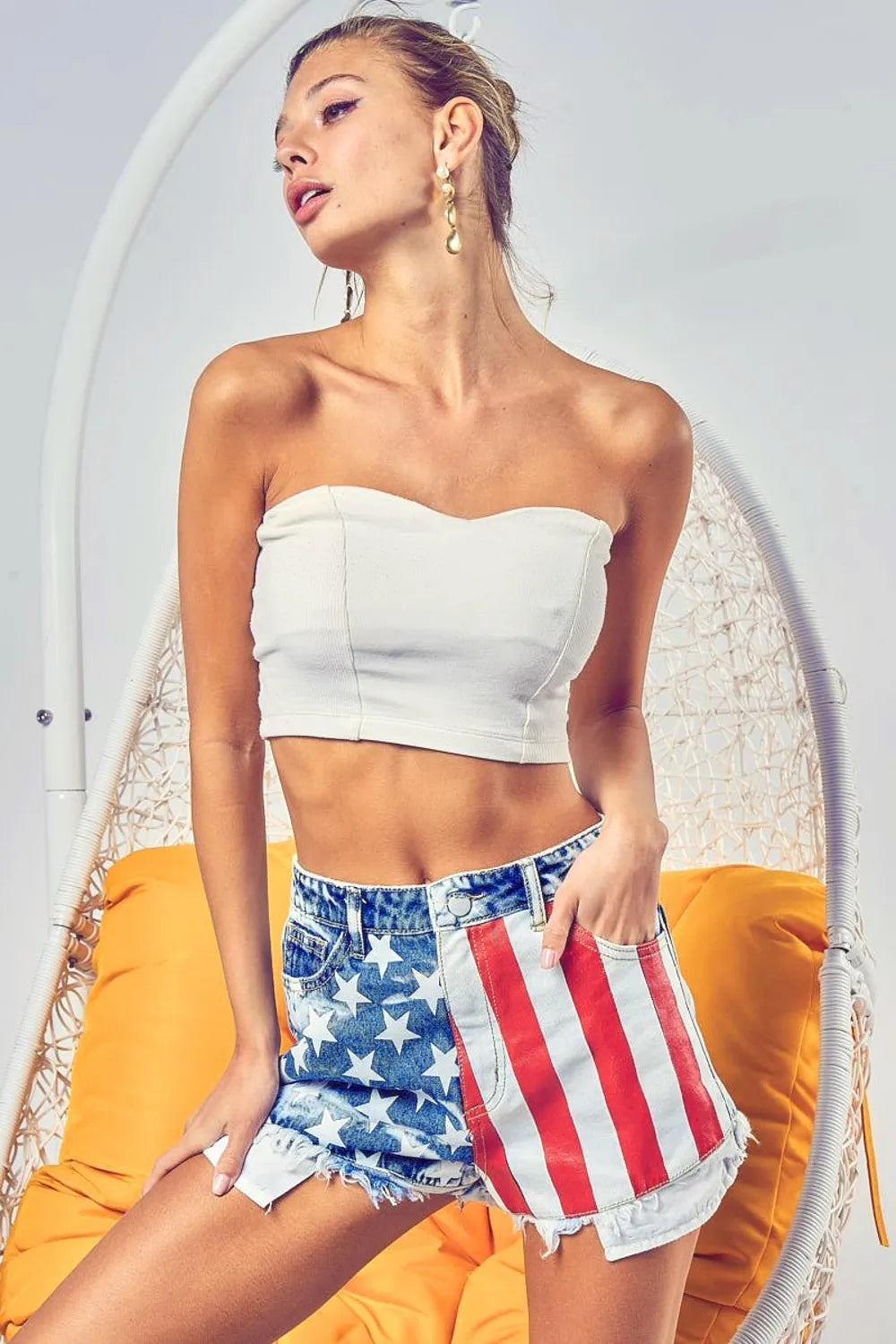 Us Flag Theme Bleached Denim Shorts for Women