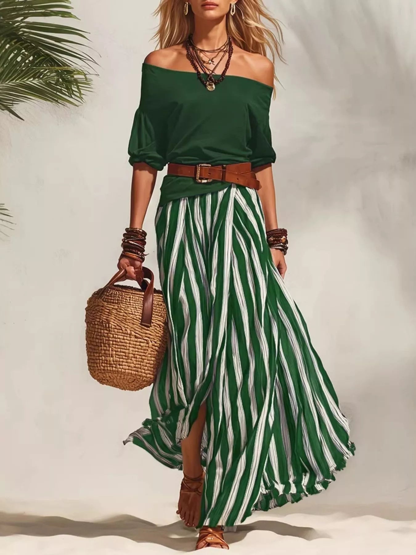 Off Shoulder Top and Striped Maxi Skirt Set in Navy for Women
