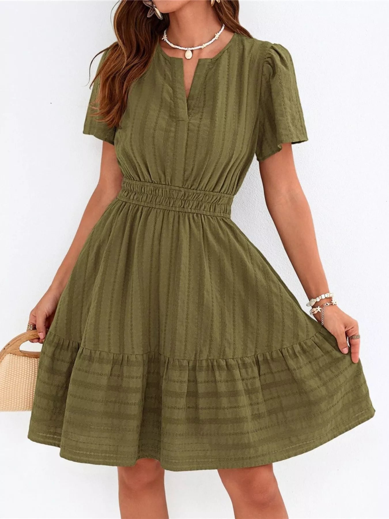 Short Sleeve Smocked Waist Tiered Dress in Yellow for Women