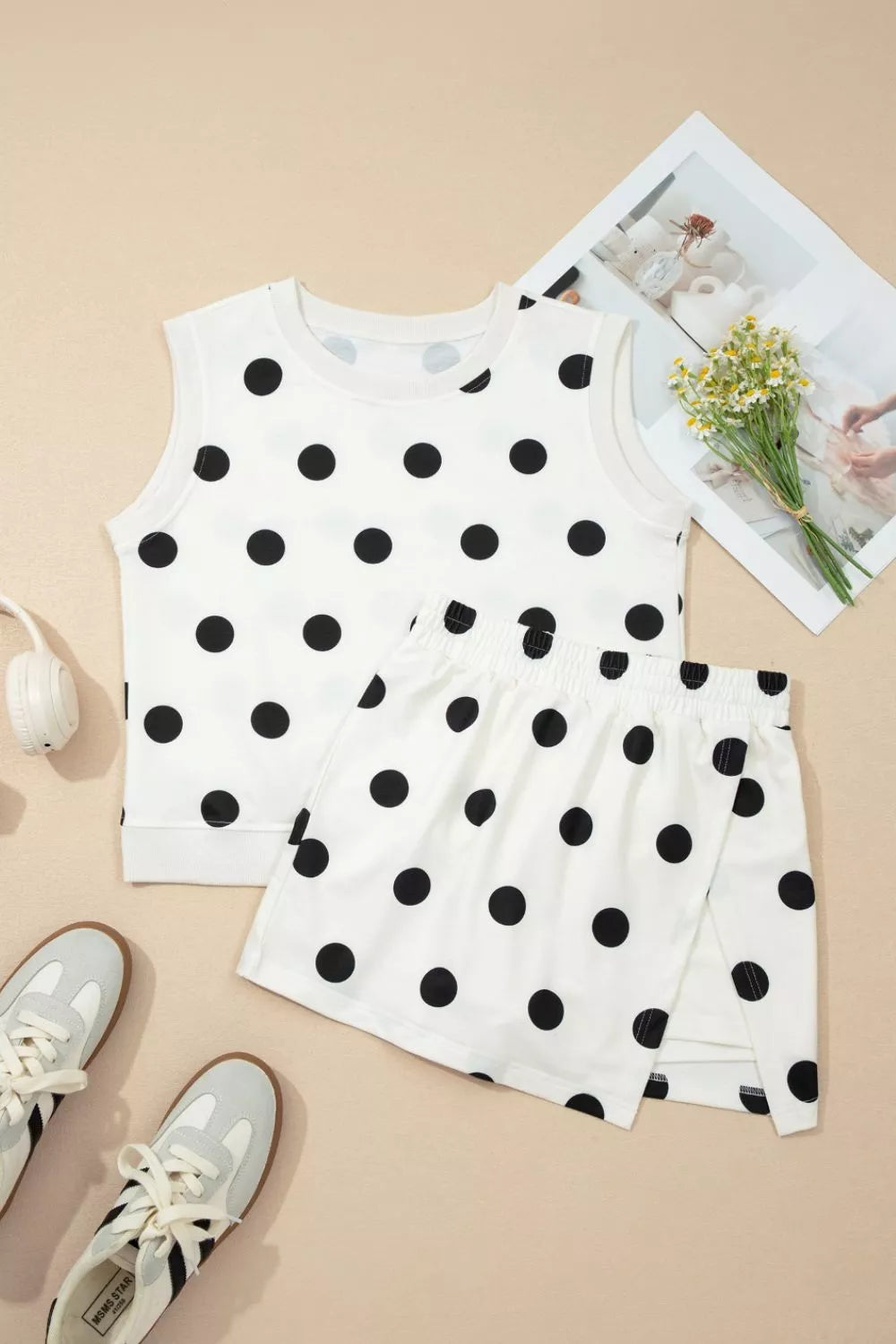 Ribbed Trim Polka Dot Print Tank Split Mini Skort Two-Piece Set for Women