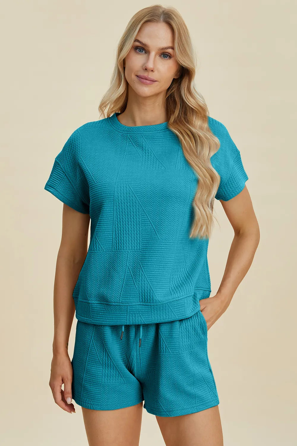 Plus Size Texture Short Sleeve Top and Shorts Set for Women