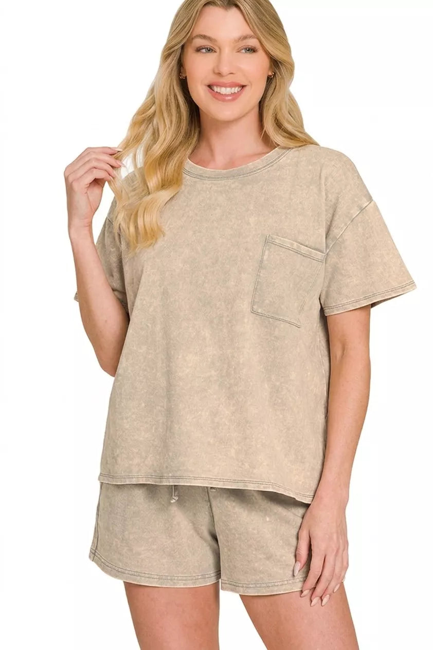 French Terry Acid Washed Relaxed Top & Short Set in Sleet for Women