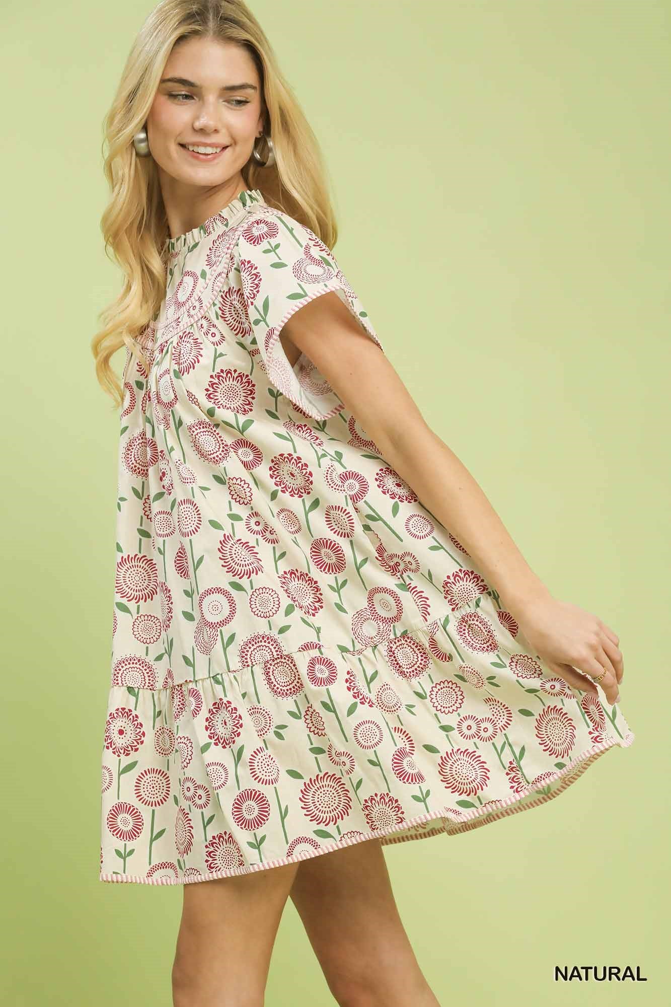 Floral Print Tiered Babydoll Dress in Natural for Women