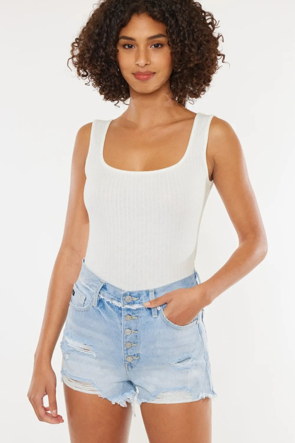 Distressed Button Fly Denim Shorts in Medium for Women