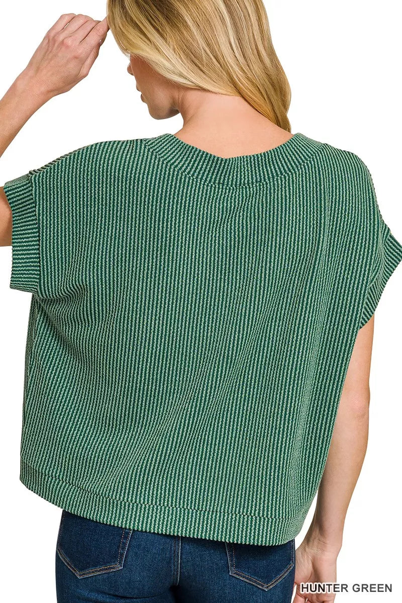 Raised Rib Cap Sleeve Top in Hunter Green for Women