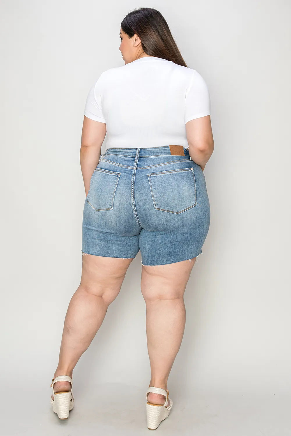 Plus Size High Waist Raw Hem Denim Shorts for Women
