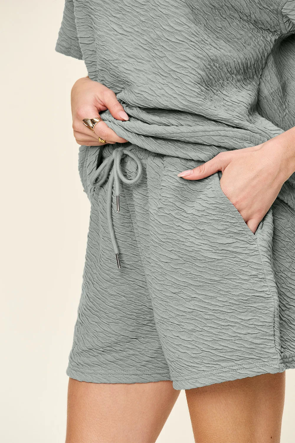 Plus Size Texture Short Sleeve T-Shirt and Drawstring Shorts Set in Cloudy Blue for Women