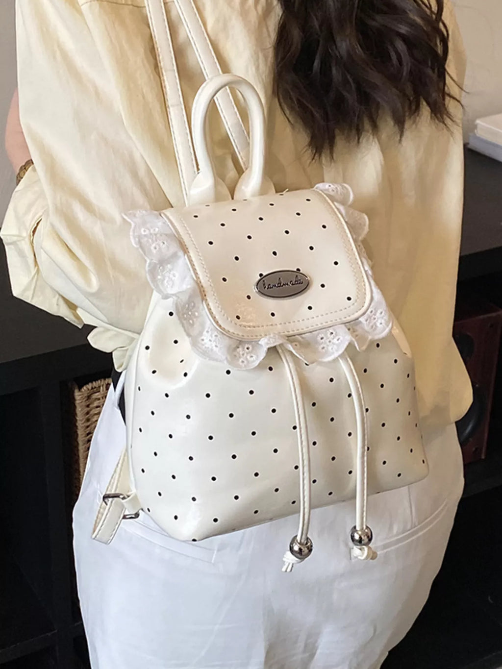 Polka Dot Lace Trim Backpack Bag in Cream for Women