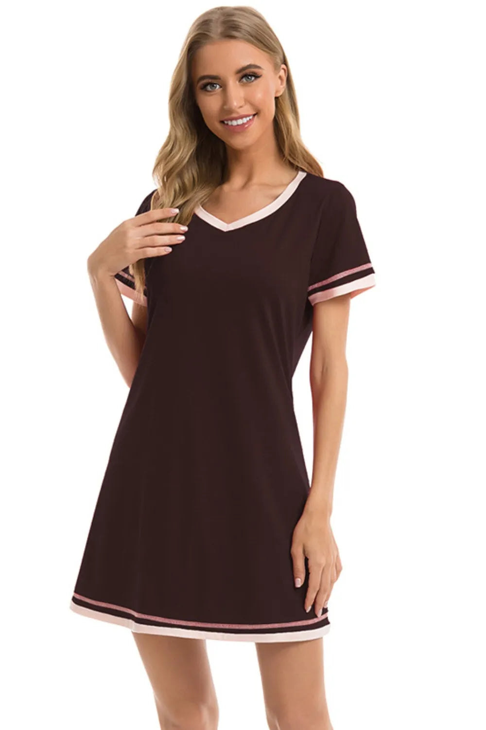 Contrast Trim Short Sleeve Lounge Dress in Gray for Women