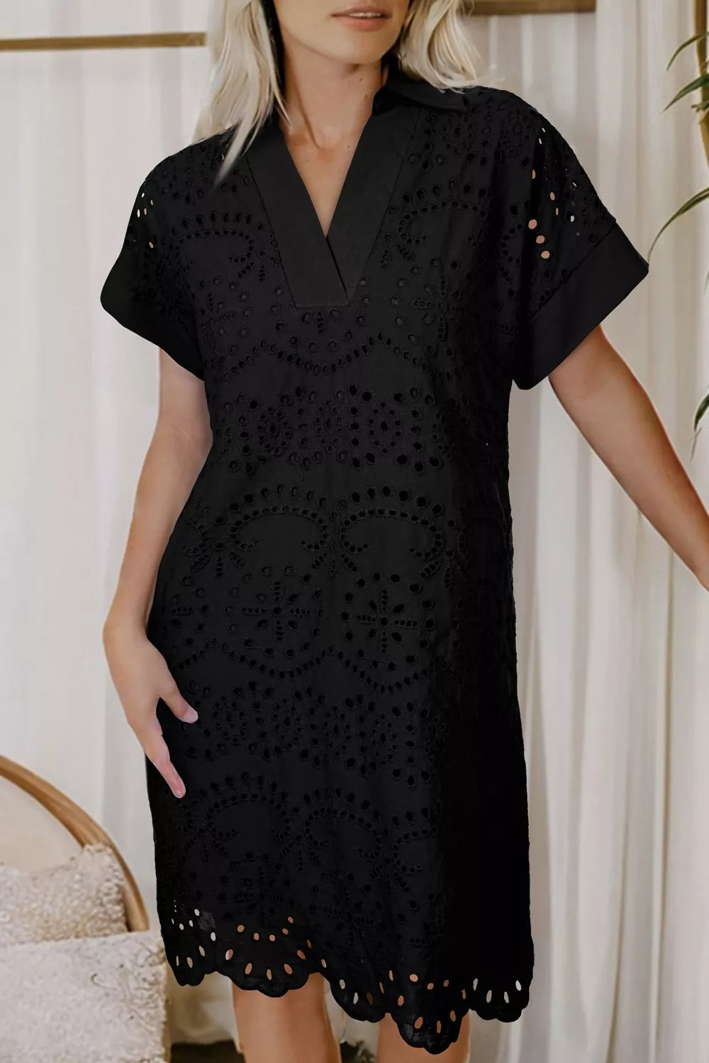 Eyelet Trim Short Sleeve Dress in Black for Women