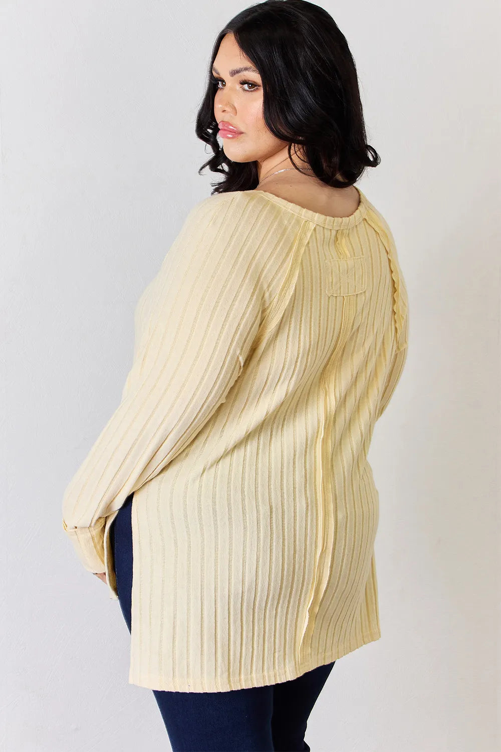 Plus Size Ribbed Round Neck Slit T-Shirt in Sky Blue for Women