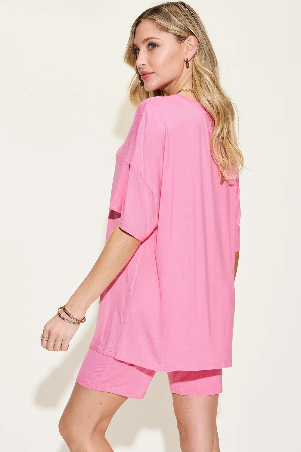 Plus Size V-Neck Drop Shoulder T-Shirt and Shorts Set in Pink for Women