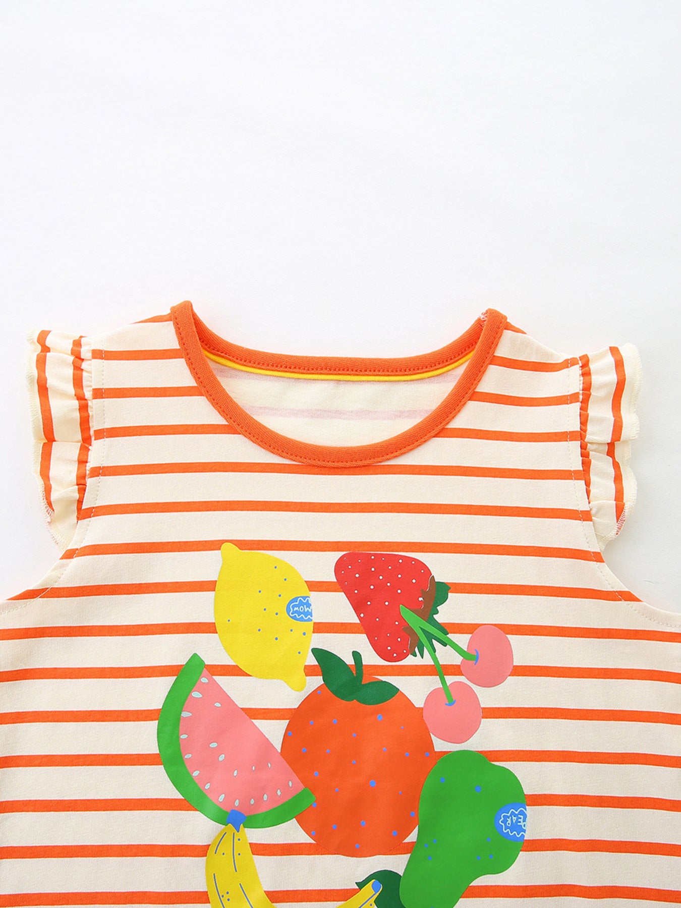 Striped Fruit Print Ruffle Sleeve Tee in Orange for Girls