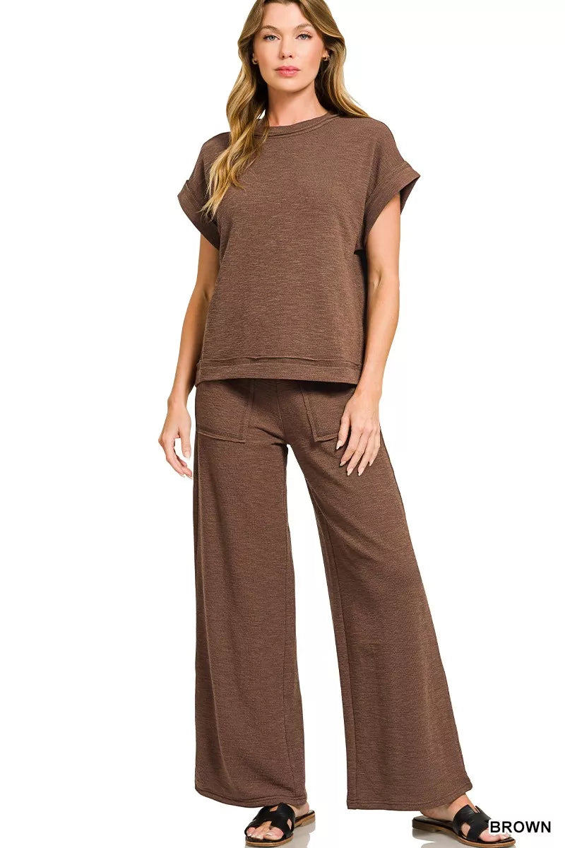 Cotton Slub Short Sleeve Tee and Pants Set in Brown for Women
