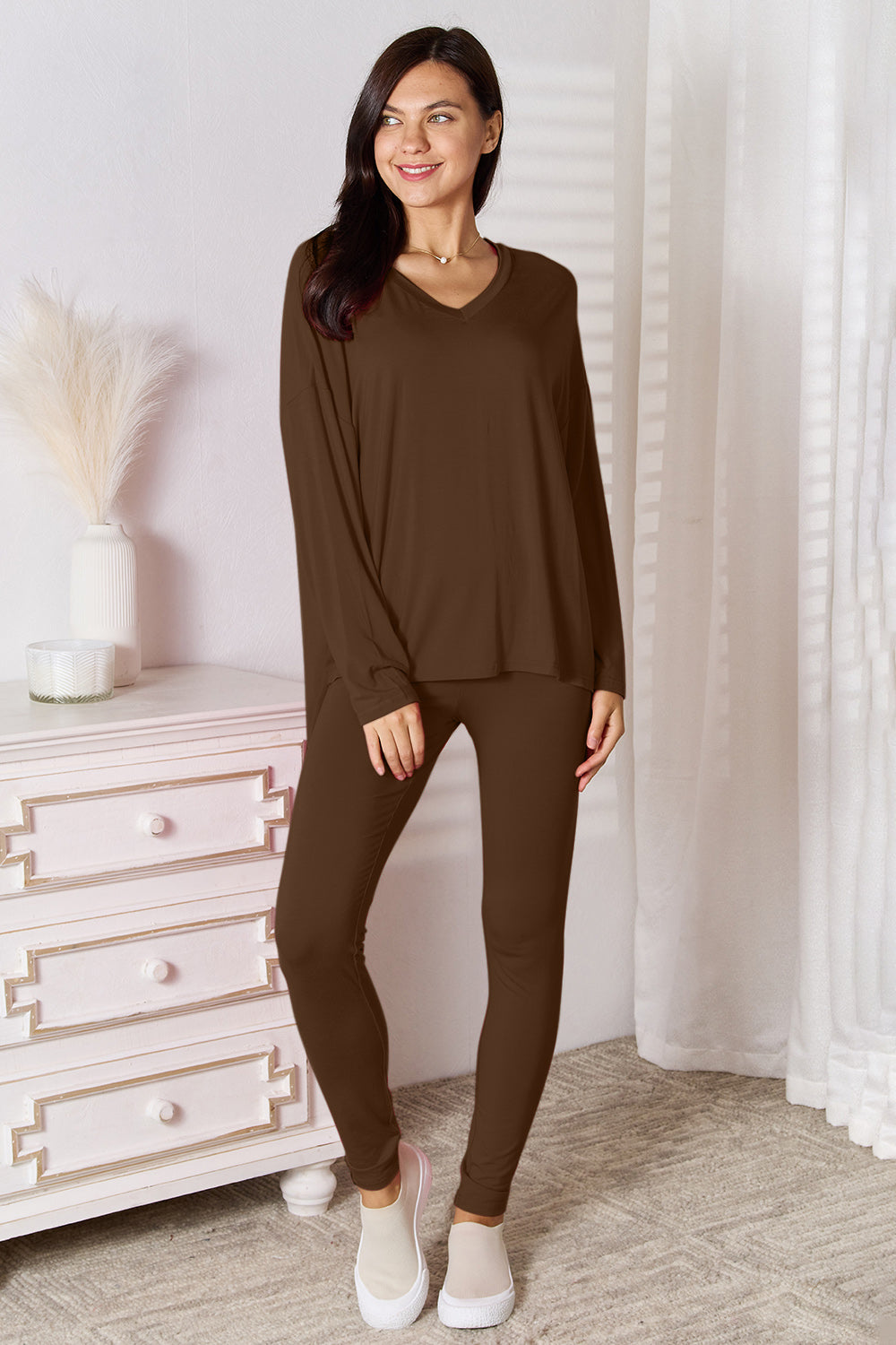 Plus Size V-Neck Soft Rayon Long Sleeve Top and Pants Lounge Set in Mocha for Women