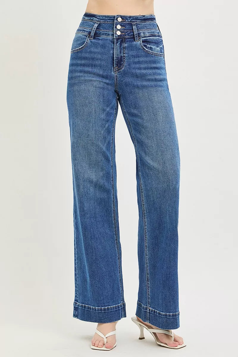 High Rise Wide Leg Wide Band Detail Jeans in Dark for Women