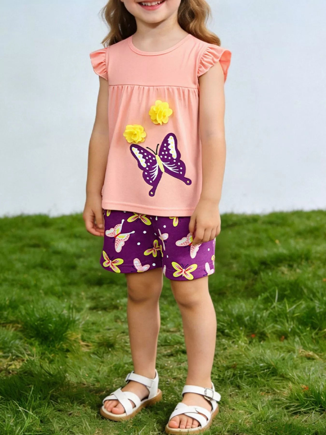 Butterfly Ruffle Sleeve Top & Shorts Set in Watermelon Pink for Girls