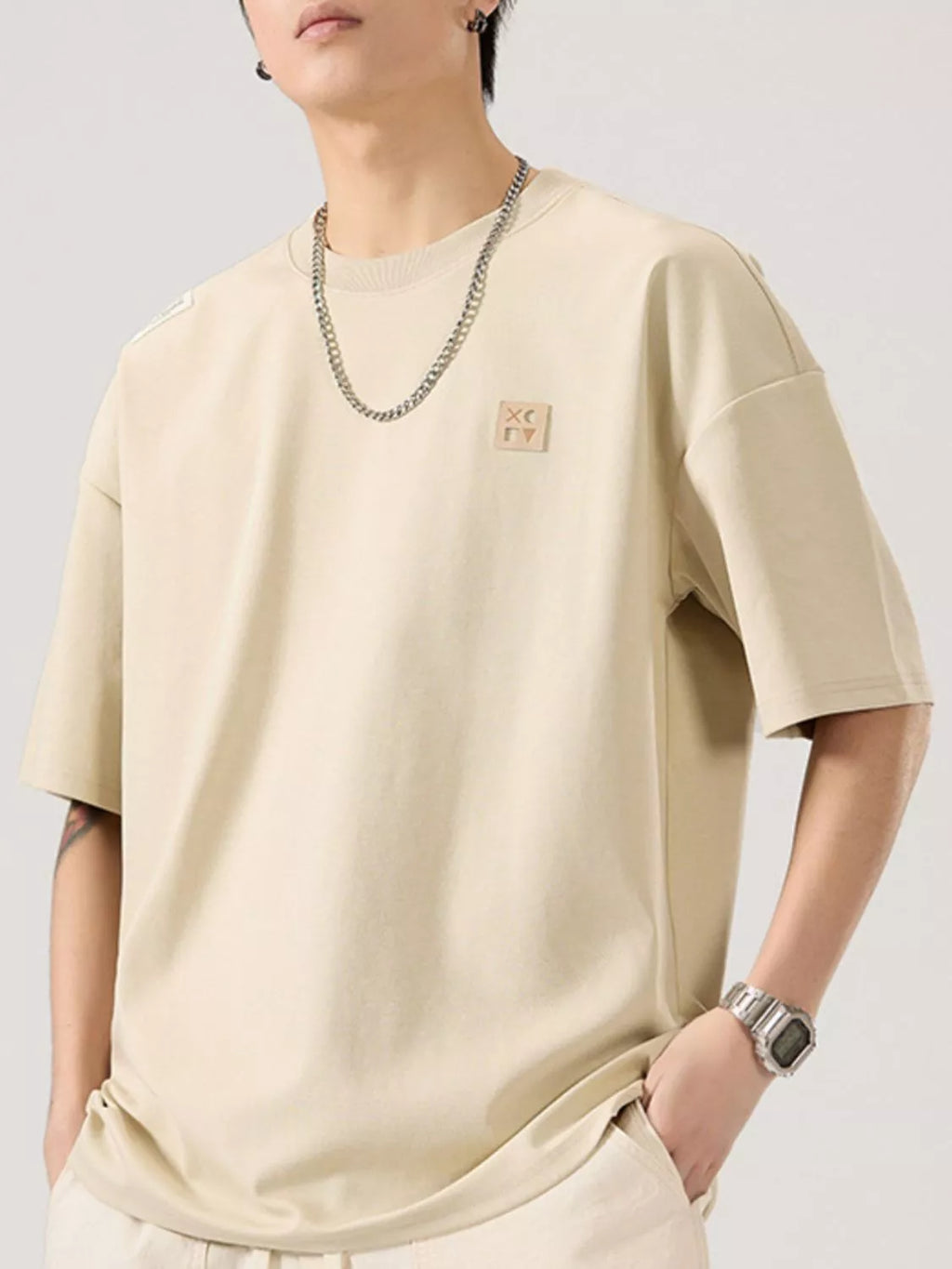 Round Neck Short Sleeve T-Shirt Plus Size in Black Gray for Men