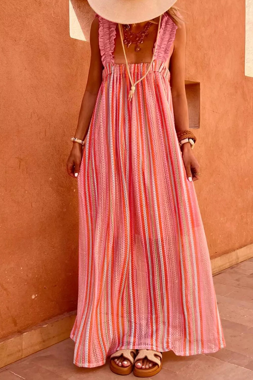 Stripe Ruffled Straps Ribbon Knot Flowy Vacation Maxi Dress in Burnt Coral for Women